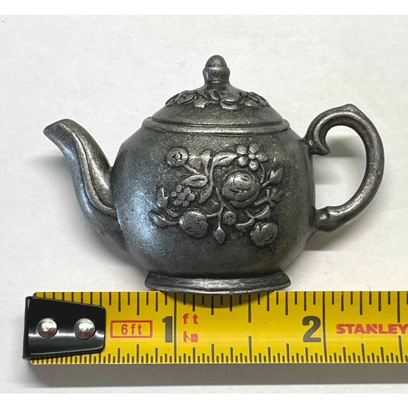 Vintage Pewter Teapot Floral  Brooch Pin 2.5" Across Silver Tone - Picture 3 of 5